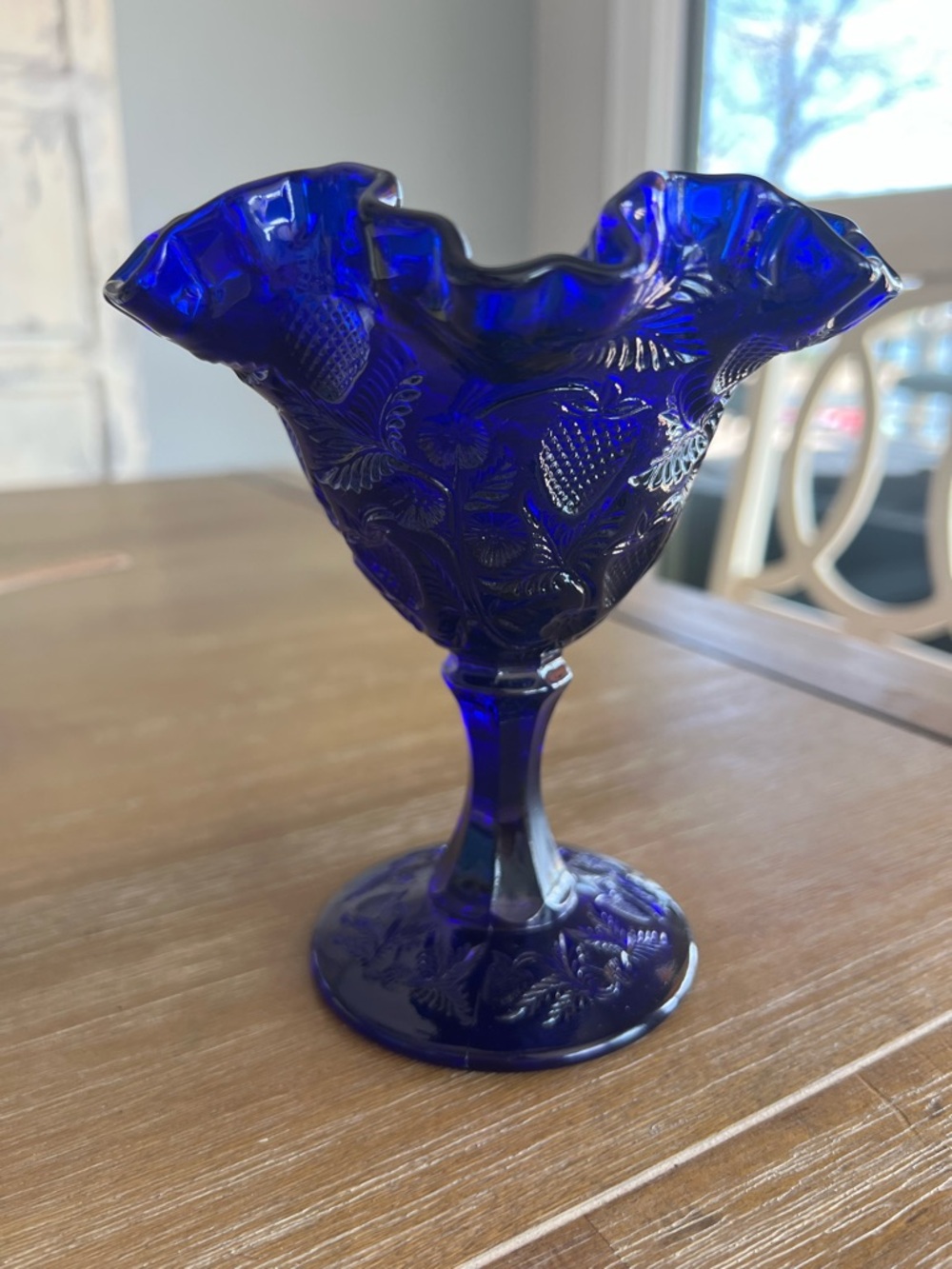 Fenton Cobalt Blue Ruffled Compote with Floral Pattern
